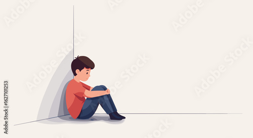 Young boy sitting alone in corner looking sad and distressed  