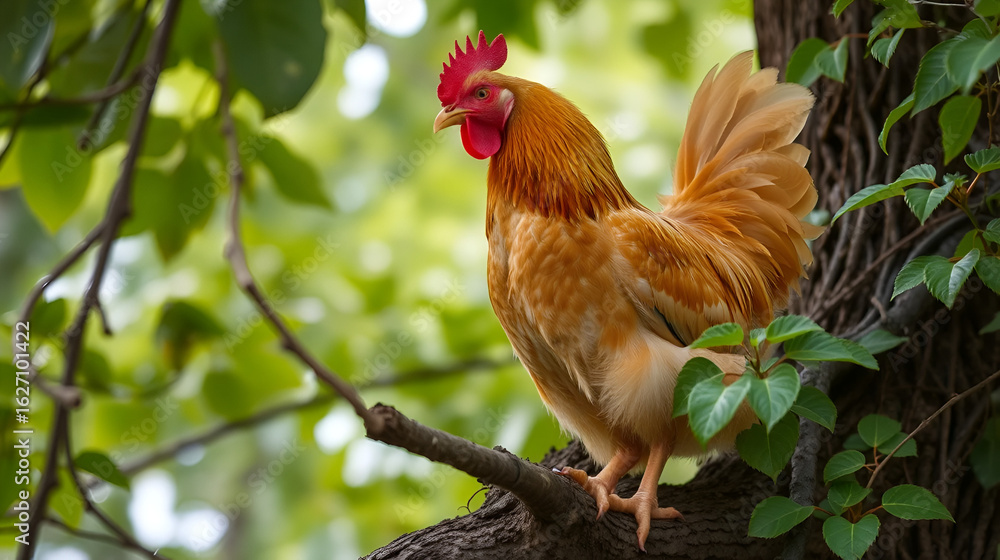Fototapeta premium A golden brown chicken roosting on a tree branch, surrounded by lush green leaves and vines , outdoors, rustic, outdoors, rustic