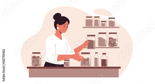 Woman organizing jars on shelf in modern kitchen pantry  