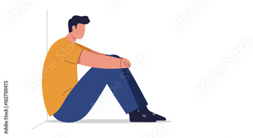 Man sitting on bathroom floor feeling distressed in a bright space  