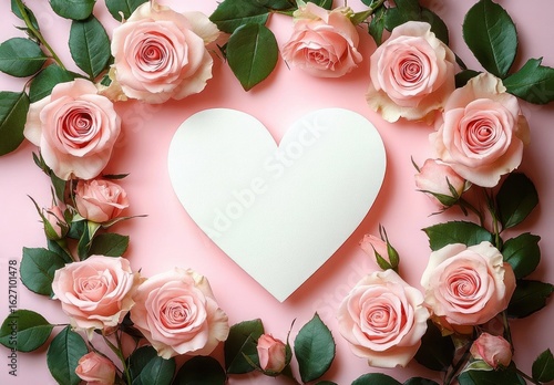Arrangement of delicate pink roses and green leaves surrounding a white heart-shaped card on a pastel pink background, evoking feelings of love and romance