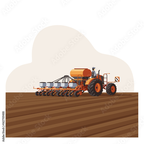 Seeder tractor operating on farmland in agricultural setting  