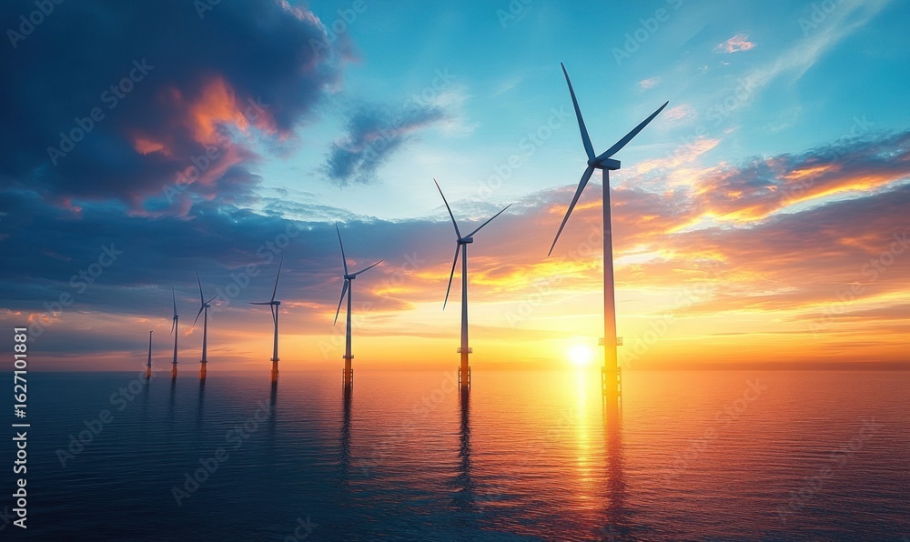 Obraz premium Row of offshore wind turbines standing in calm sea water at sunset with colorful sky and clouds reflecting on the water