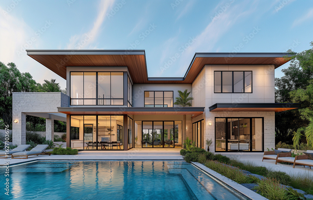 Fototapeta premium Modern house with a pool and terrace, exterior design in a gray color of a two-story modern family