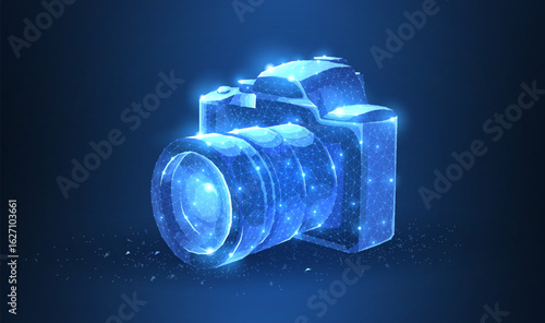Camera. Abstract 3d polygonal wireframe modern professional camera isolated on blue.