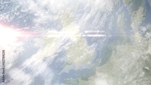 Earth zoom in from space and focus on Burnley, England, North West England, Great Britain. Background for travel intro or blog. Satellite view. 3D style Animation. Images from NASA.