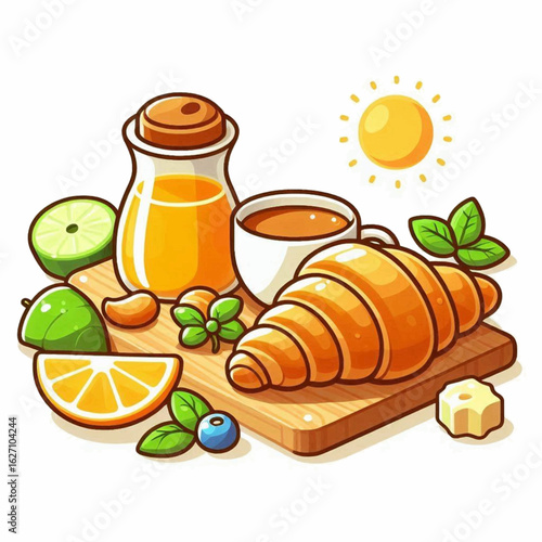 Cartoon breakfast croissant coffee honey lime orange blueberry on a wooden board with a sun in the background