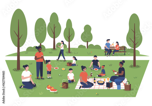 Vector Illustration of People in Park Having Picnic in Casual Modern Style