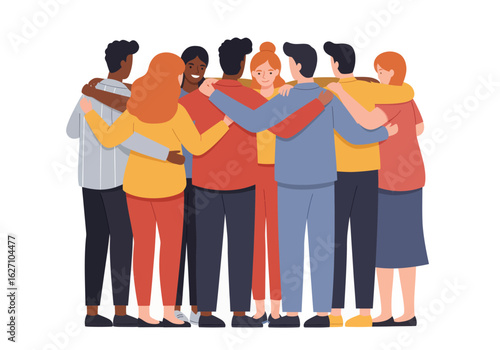 Illustration Vector of Diverse People Hugging Together in a Modern Flat Style