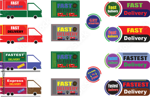 Fast delivery and fastest shipping badge vector set with colorful trucks, express labels and circular icons for logistics and e-commerce marketing

