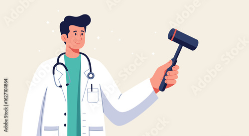 Male doctor holding a reflex hammer in white coat on beige background  
