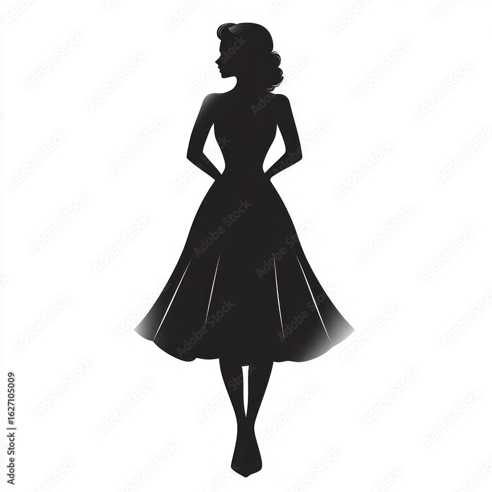 Fototapeta premium silhouette of a woman in a mid-length flared dress with hands behind her back standing gracefully