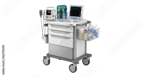 Isolated White Medical Crash Cart Featuring Multiple Monitoring Screens and Drawers with a Plain Transparent Background for Emergency Hospital and Healthcare Settings