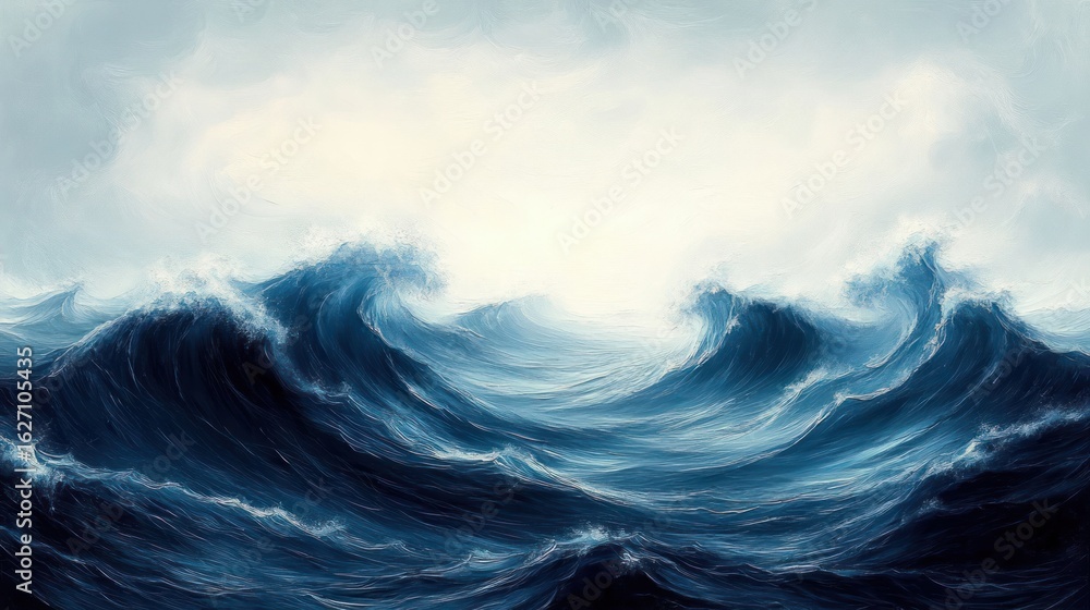 Fototapeta premium Powerful and turbulent ocean waves under a cloudy sky with dynamic motion and a moody atmosphere