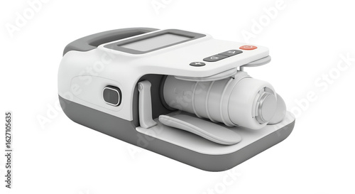 Isometric Portable Medical Device in White and Gray with Display on Transparent Background in High Resolution 4K Rendering
