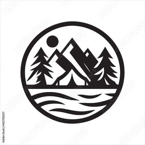 Black and White Camping Scene with Mountains Trees Sun and Water.