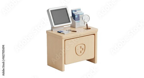 Isometric View of Light Brown Medical Table with Blue and White Computer Screen and Medical Equipment on a Transparent Background