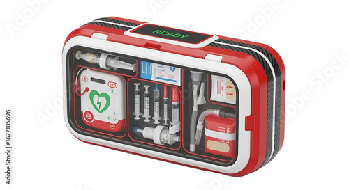 Isometric View of a Red and White Medical Kit Containing Various Medical Supplies Such As Syringes and Medicine Containers on a Transparent Background In Detailed Close Up