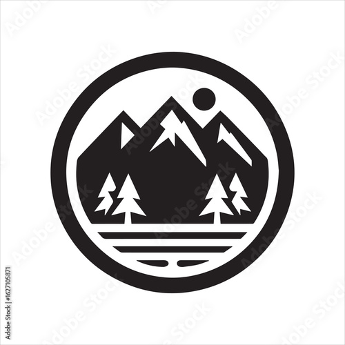 Free Download Monochrome Mountain Landscape Emblem with Sun and Trees. - GFXLoad