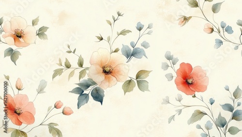 Delicate watercolor painting of soft peach and coral flowers with green and blue-gray leaves on a light beige background evoking calmness and natural beauty