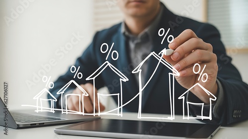 Businessman sketching a rising real estate market graph with percentage symbols housing market