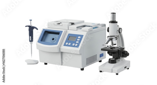 Laboratory Equipment Including Spectrophotometer Microscope and Pipette with Blue Accents on a White Background for Scientific Analysis and Medical Research