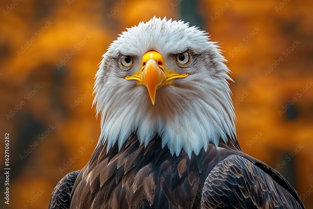 Obraz premium Close-up of a fierce bald eagle with a sharp yellow beak against a blurred background of autumn foliage