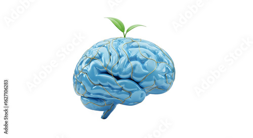 Light Blue Brain Model with Golden Connections and Green Sprout on a White Background Symbolizing Growth Intellect and Innovative Thinking