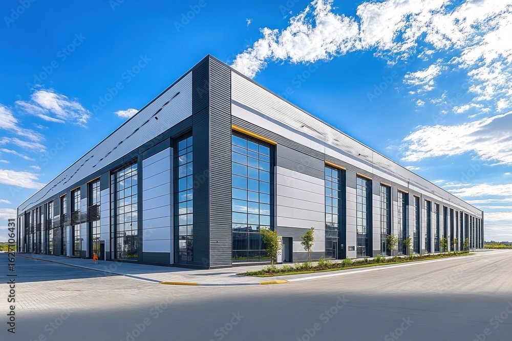 Obraz premium Modern large industrial warehouse building with reflective glass windows and clear blue sky with scattered clouds