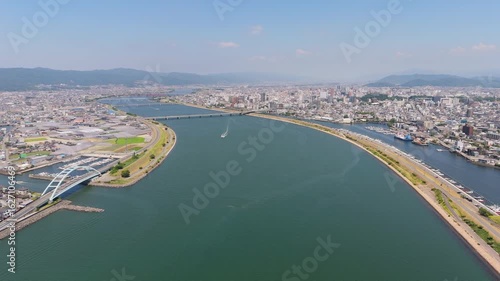 「紀の川河口 空撮　和歌山城に向かって進む」 和歌山市 Aerial View of Kinokawa River Mouth Heading Toward Wakayama Castle