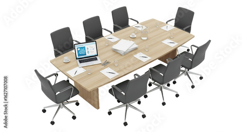 Light Wooden Conference Table with Black Office Chairs Set on a Transparent Background Meeting Room or Corporate Space with Modern Furniture in Overhead View