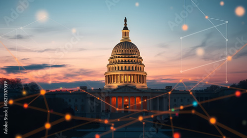 financial data, government building. A digitally enhanced image of the U.S. Capitol building at dusk, surrounded by a network of glowing lines, symbolizing technology and connectivity.