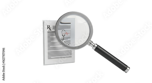 Magnifying Glass Over Document on White Paper Displaying Silver Lens for Detailed Analysis on White Background