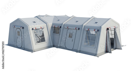Long White Medical Tent Connected in a L Shape With Doors and Windows on a White Background Providing Emergency Shelter and Medical Aid