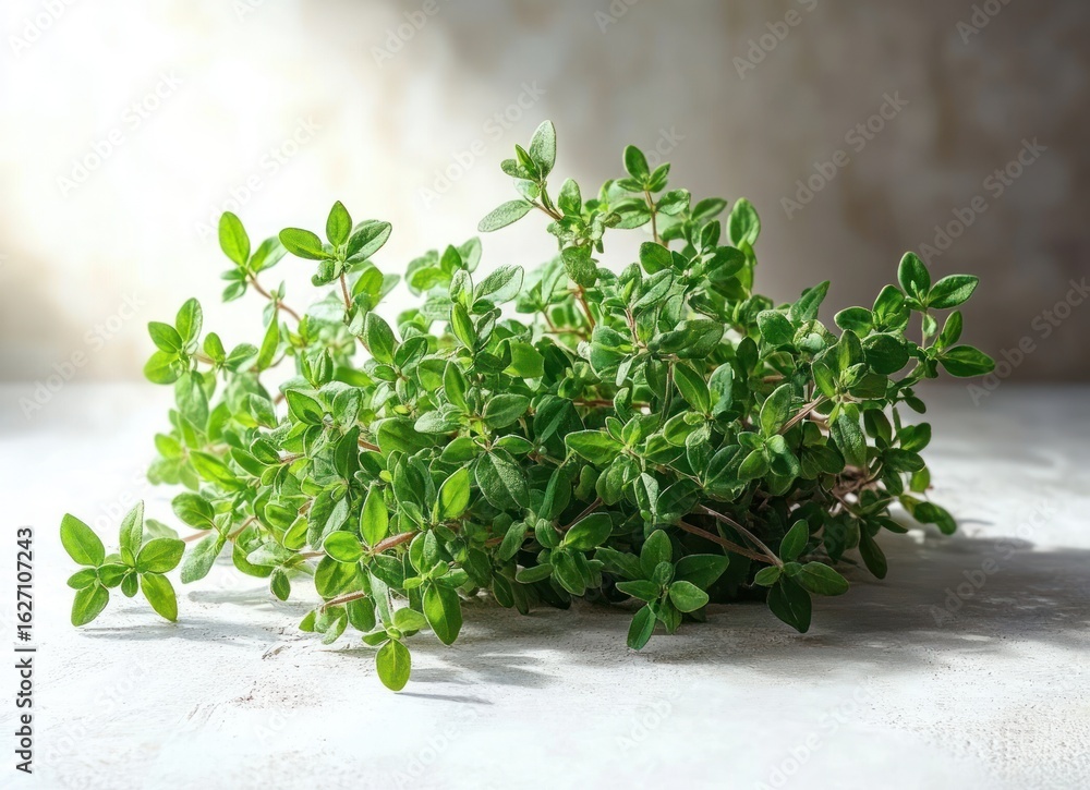 Fototapeta premium Fresh green herb sprigs with small oval leaves on a light textured surface with soft natural lighting
