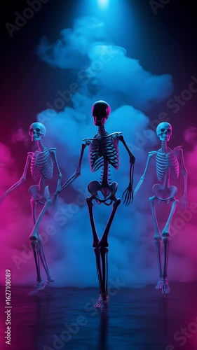 Abstract 3d Skeletons Dance In The Fog With Dramatic Blue Purple Lighting