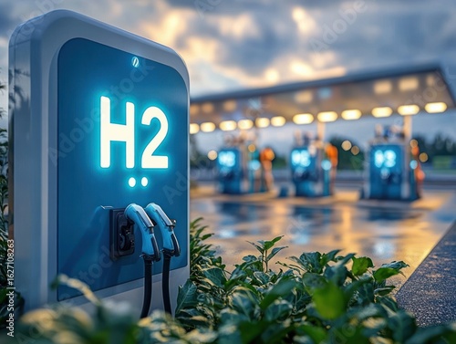 Wallpaper Mural Modern hydrogen fuel station with illuminated h2 pump and multiple charging points under a cloudy sky during twilight Torontodigital.ca