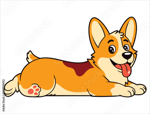 Welsh corgi dog happily running with eyes closed and tongue out in a playful cartoon style illustration isolated on white background