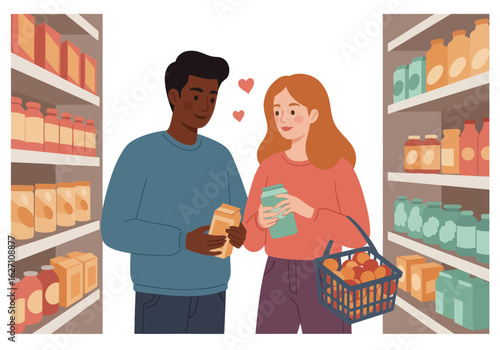 Illustration Art Vector of Couple Shopping Groceries Cartoon Style Characters in Supermarket Aisle