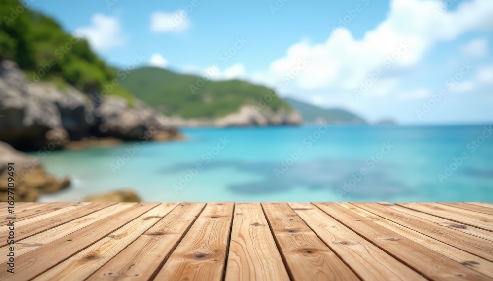 Fototapeta premium Blurred Ocean View from Wooden Deck – Tropical Background