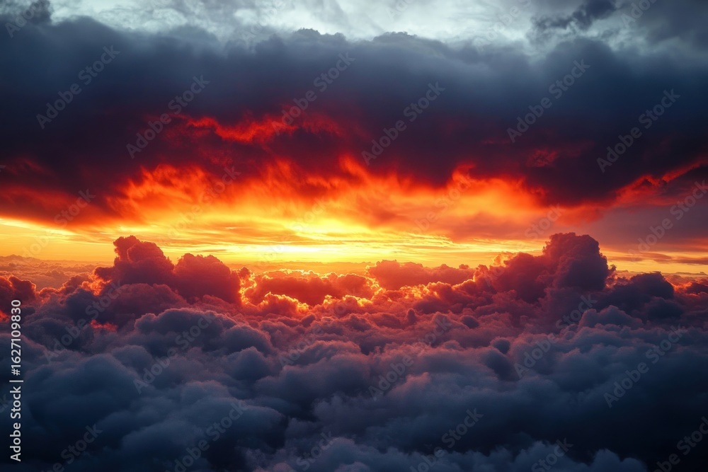 Fototapeta premium Vivid fiery sunset illuminating dramatic layers of dark and fluffy clouds creating a powerful and intense sky scene