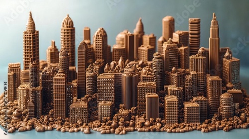 Fototapeta Naklejka Na Ścianę i Meble -  Intricate miniature cityscape made entirely of milk chocolate with detailed skyscrapers and clusters of small chocolate pieces representing trees and streets