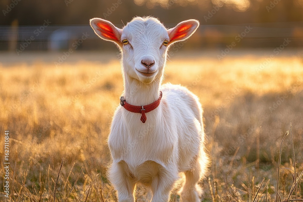 Obraz premium Close-up of a white goat with a red collar standing in a sunlit dry grassy field during golden hour, conveying a calm and peaceful mood
