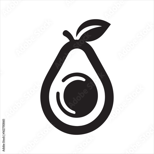Stylized Avocado Half with Seed and Leaf Black Silhouette on Transparent 1.