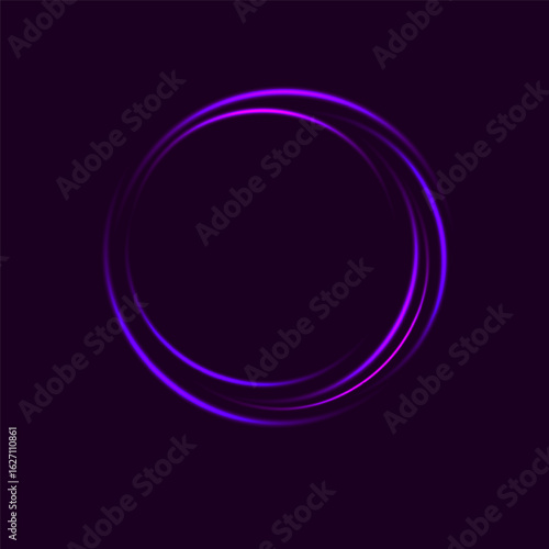 Neon light circle frame with glowing abstract effect on dark violet background for banner, sale, discount, night party or music festival event design. Shiny motion trail effect vector illustration