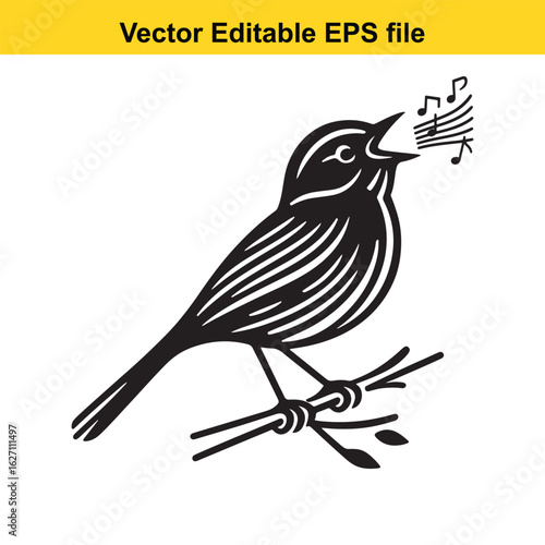 Vector art of a black and white illustration of a bird singing on a branch, isolated on white background long horn, , long horn