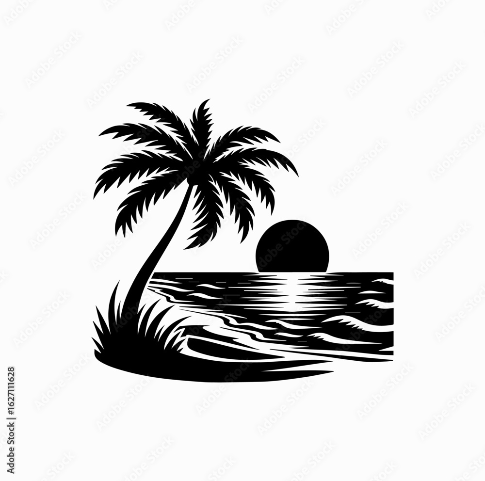 Naklejka premium Tropical Beach Sunset Silhouette – Minimal Vector for Travel and Relaxation