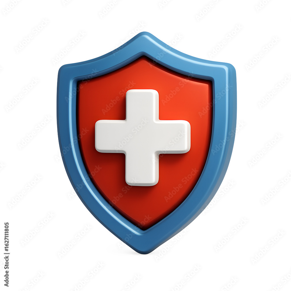 Obraz premium Shield of Health: A 3D render of a shield, emblazoned with a prominent white cross, symbolizing protection, health, and medical care.