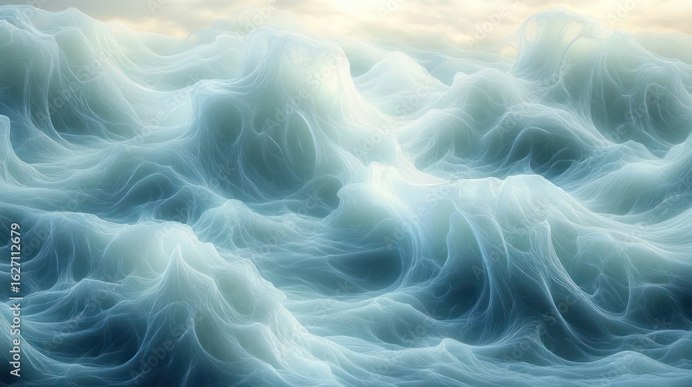 Obraz premium Abstract surreal waves of translucent, glowing blue and white fibers resembling a dynamic ocean under a soft cloudy sky