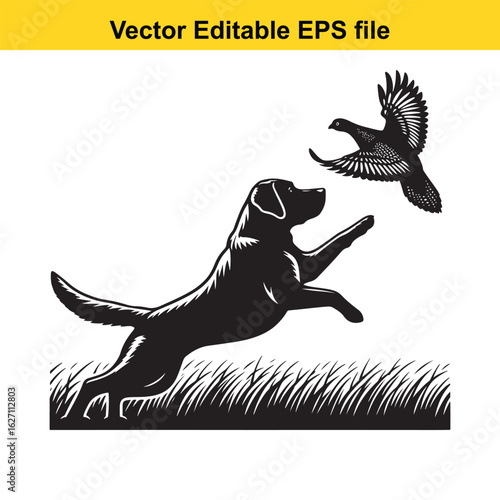 Vector art of black labrador retriever hunting a bird isolated on white background long horn, , long horn